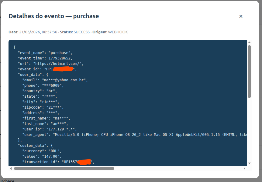 Detalhe do payload de um evento