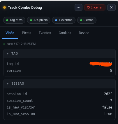 Painel de debug visual do Track Combo
